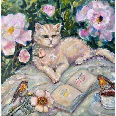  Tea, Cat and Roses - English Garden series oil painting | Marina Stognieva